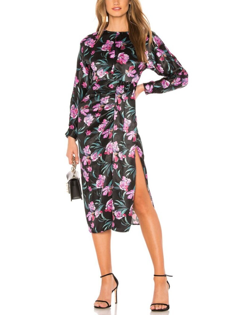 L’Academie Black Purple Floral Satin Midi Dress Size S